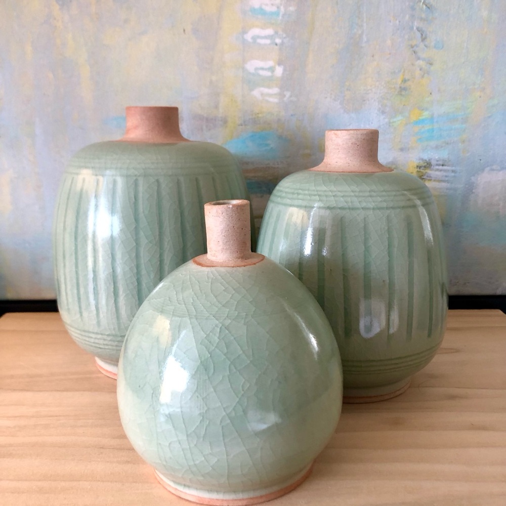 Trio of Maitland Smith Celadon Green Crackle Glaze Vases